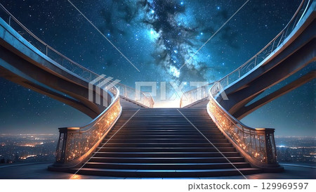 A starry curved staircase leading to two locations decorated with 3D Vtuber appearance stages 129969597