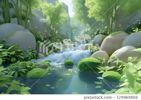 Fish living in mountain streams (animated style) 129969808