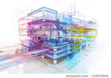 Architectural drawing of an office building with colorful lines and details 129970048