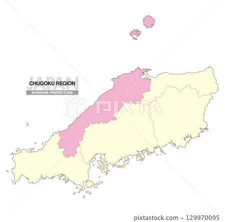 Map of Japan Chugoku Region Shimane Prefecture with prefectural borders 02 129970095