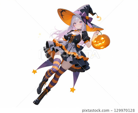 Cute witch and jack-o'-lantern Halloween illustration Cute witch and jack-o'-lantern Halloween illustration 129970128