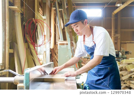 Young workers working on woodworking at a woodworking shop Young workers working on woodworking at a woodworking shop 129970348