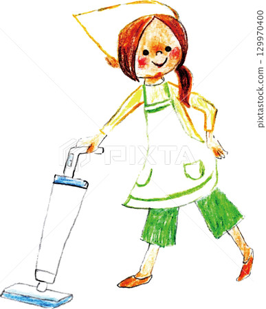 一個女孩轉動吸塵器 一個女孩轉動吸塵器 129970400