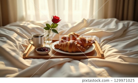 Romantic Breakfast in Bed Tray Setting with Croissants and Coffee Romantic Breakfast in Bed Tray Setting with Croissants and Coffee 129971025