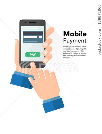 Mobile payment hand holding phone flat stock illustration 129971066