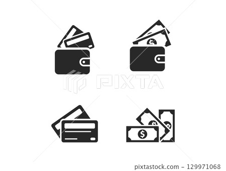 Set of credit cards and wallet with money icon stock illustration 129971068