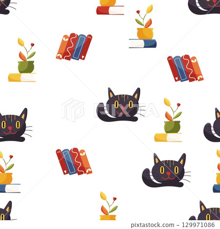 Seamless pattern with cat and books on white Seamless pattern with cat and books on white 129971086