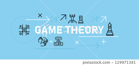 Game theory banner illustration line icons representing strategic decision making mathematical framework for modeling strategic interactions complex choices in competitive situation 129971381