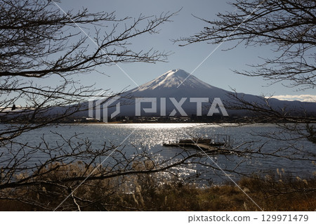 View of landscape fuji mountain in winter at Lake Kawaguchi View of landscape fuji mountain in winter at Lake Kawaguchi 129971479