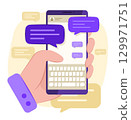 Human Hand Holding a Smartphone with Chatting Application and Message Bubble Icon Symbol for Online Chatting and Telecommunication Concept Illustration Clip Art 129971751