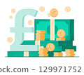 Stack of Cash Money and Coins with British Pound Sterling Currency Symbol for Financial, Savings and Investment Concept Illustration 129971752
