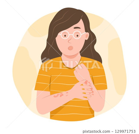 Worried Young Woman Scratches the Atopic Dermatitis or Eczema Area on Her Arms for Dermatology Disease Concept Illustration Worried Young Woman Scratches the Atopic Dermatitis or Eczema Area on Her Arms for Dermatology Disease Concept Illustration 129971753