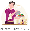 Male Waiter Staff Serving Food in Restaurant for Service Career Concept Illustration 129971755