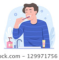 Happy Young Man Brushing Teeth for Dental Healthcare and Daily Hygienic Lifestyle Routine Concept Illustration 129971756
