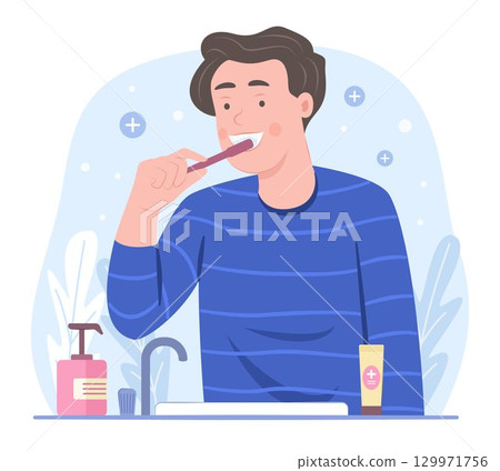 Happy Young Man Brushing Teeth for Dental Healthcare and Daily Hygienic Lifestyle Routine Concept Illustration 129971756
