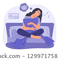 Insomnia Woman Hugging Pillow and Sitting in Bed with Stress and Confused Feeling for Sleepless and Mental Health Concept Illustration 129971758