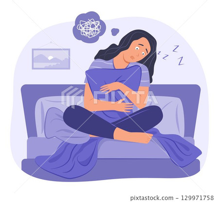 Insomnia Woman Hugging Pillow and Sitting in Bed with Stress and Confused Feeling for Sleepless and Mental Health Concept Illustration 129971758
