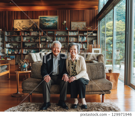 A photo of a smiling senior Japanese couple in a living room filled with natural light (Family, Advertising, Lifestyle) A simple and clean lifestyle 129971946