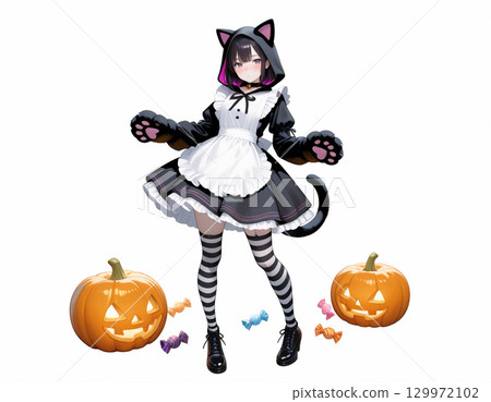 Halloween Cat Ear Maid and Pumpkin Lantern 129972102