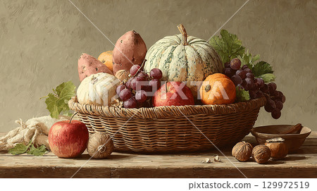 Autumn fruits in a basket, still life style 129972519