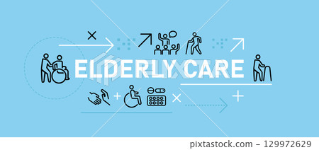 Elderly Care banner illustration support for older adults including person in wheelchair caregiver healthcare retirement house assistance pension nursing home Elderly Care banner illustration support for older adults including person in wheelchair caregiver healthcare retirement house assistance pension nursing home 129972629