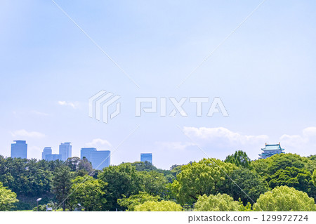 View of the Meieki district skyscrapers and Nagoya Castle tower through the fresh greenery of the trees View of the Meieki district skyscrapers and Nagoya Castle tower through the fresh greenery of the trees 129972724