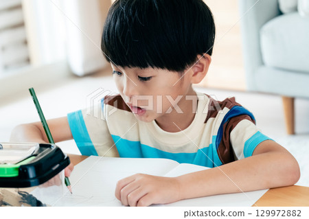 一名小學男孩正在寫日記,記錄他對鍬形蟲的觀察 一名小學男孩正在寫日記,記錄他對鍬形蟲的觀察 129972882