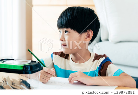 一名小學男孩正在寫日記,記錄他對鍬形蟲的觀察 一名小學男孩正在寫日記,記錄他對鍬形蟲的觀察 129972891