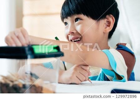 一名小學男孩正在寫日記，記錄他對鍬形蟲的觀察 129972896