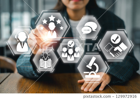 Visual representation of expertise with icons symbolizing skills, knowledge, and teamwork in a professional setting. 129972916