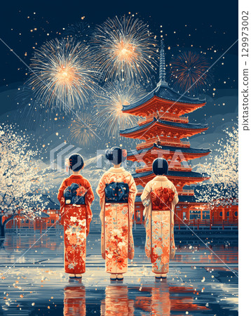 Fireworks and three Japanese girls in kimono in front of a temple 129973002
