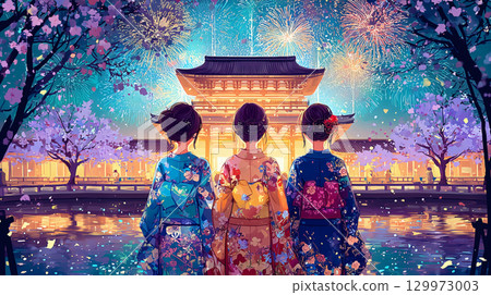 Fireworks and three Japanese girls in kimono in front of a temple 129973003