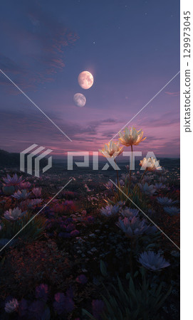 Twilight sky, two moons, glowing lotus, dreamy landscape, wildflower field, fantasy 129973045