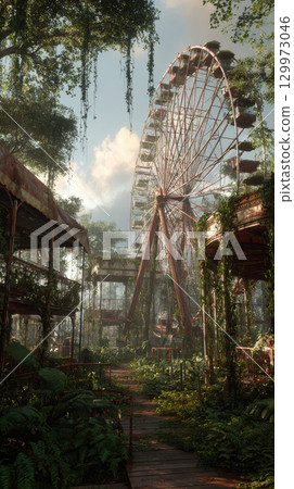 Overgrown amusement park ferris wheel rusted ride tangled vine abandoned nature Overgrown amusement park ferris wheel rusted ride tangled vine abandoned nature 129973046