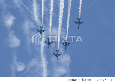 Summer blue sky and the Blue Impulse at Matsushima Air Base, Higashimatsushima City, Miyagi Prefecture Summer blue sky and the Blue Impulse at Matsushima Air Base, Higashimatsushima City, Miyagi Prefecture 129973205