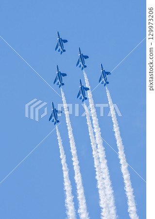 Summer blue sky and the Blue Impulse at Matsushima Air Base, Higashimatsushima City, Miyagi Prefecture 129973206