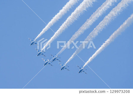 Summer blue sky and the Blue Impulse at Matsushima Air Base, Higashimatsushima City, Miyagi Prefecture 129973208
