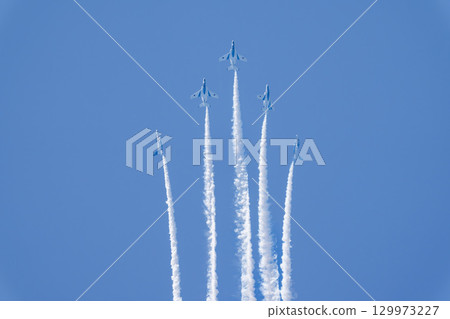 Summer blue sky and the Blue Impulse at Matsushima Air Base, Higashimatsushima City, Miyagi Prefecture Summer blue sky and the Blue Impulse at Matsushima Air Base, Higashimatsushima City, Miyagi Prefecture 129973227