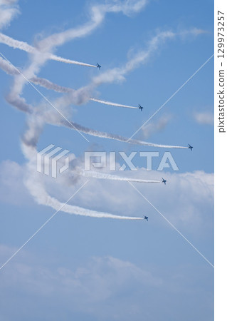 Summer blue sky and the Blue Impulse at Matsushima Air Base, Higashimatsushima City, Miyagi Prefecture 129973257