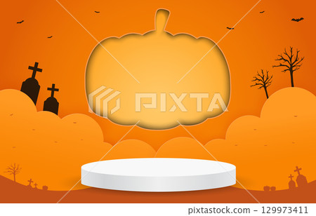 White podium on shadow pumpkin shape background copy space elements with silhouette orange theme halloween night, Vector illustration White podium on shadow pumpkin shape background copy space elements with silhouette orange theme halloween night, Vector illustration 129973411
