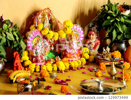 Traditional Hindu Festive Puja with Idols 129973499