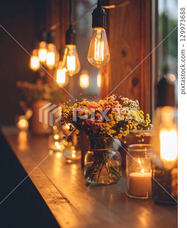 A vase of small flowers and a warmly lit light bulb 129973688