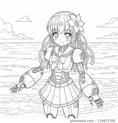 Coloring book of a mecha girl at the beach 129973708