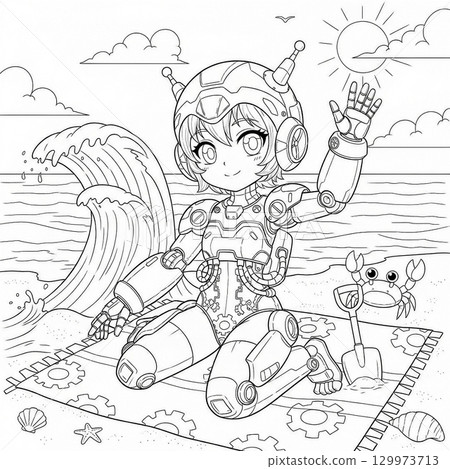 海灘上的機甲女孩的彩色書 129973713