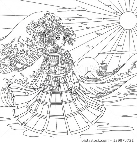 Coloring book of a mecha girl at the beach 129973721