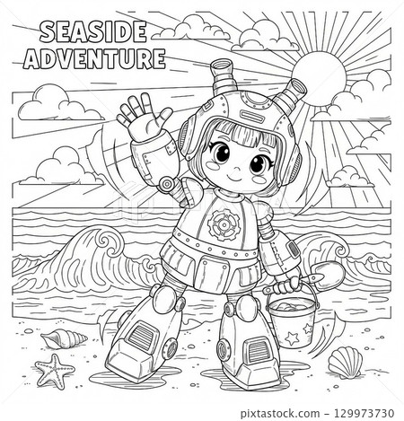海灘上的機甲女孩的彩色書 129973730