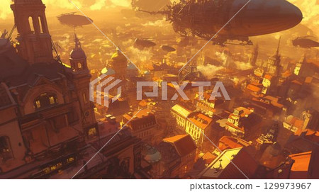 Golden steampunk city and airship 129973967