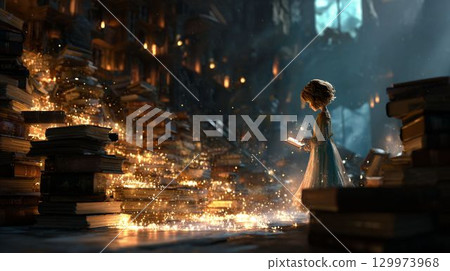 A magical moment in a book world bathed in light 129973968