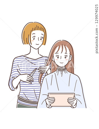 一位女士在美容院剪頭髮和一位女士在看平板電腦的插圖素材 129974025