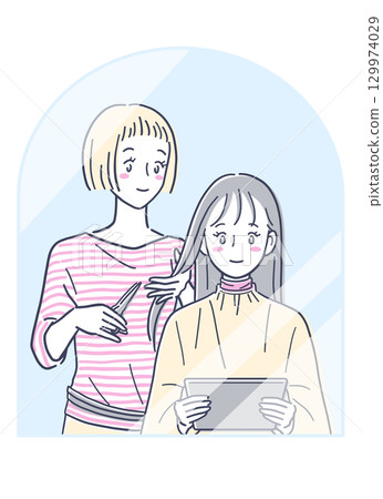 Illustration material of a woman cutting her hair at a beauty salon and a woman looking at a tablet PC Illustration material of a woman cutting her hair at a beauty salon and a woman looking at a tablet PC 129974029